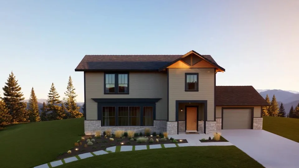Complete illustrative residence showing painted siding and trim beside preserved natural stone and wood.